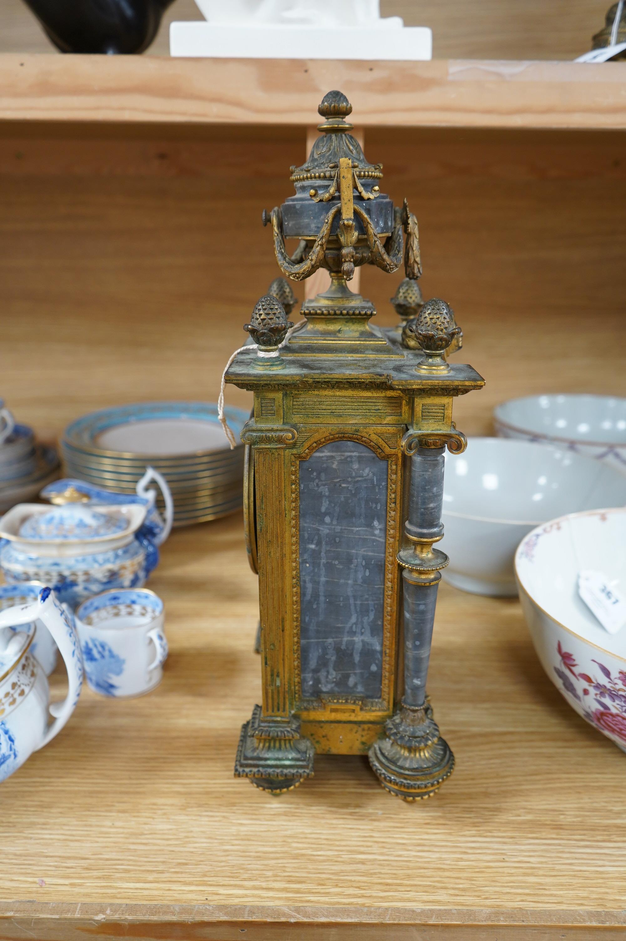 A 19th century French ormolu and marble mantel clock, striking on bell, with key, 44cm high. Condition - fair to good, untested